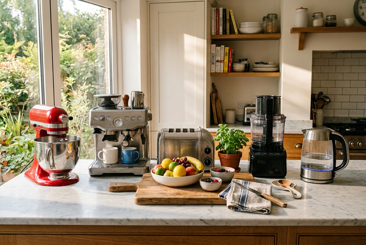 Sunlit family kitchen counter with a red stand mixer, espresso machine, toaster, food processor and electric kettle