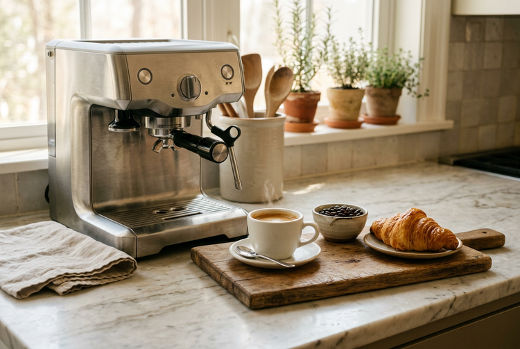 Stainless steel espresso machine on a marble counter with a fresh espresso, coffee beans and a croissant