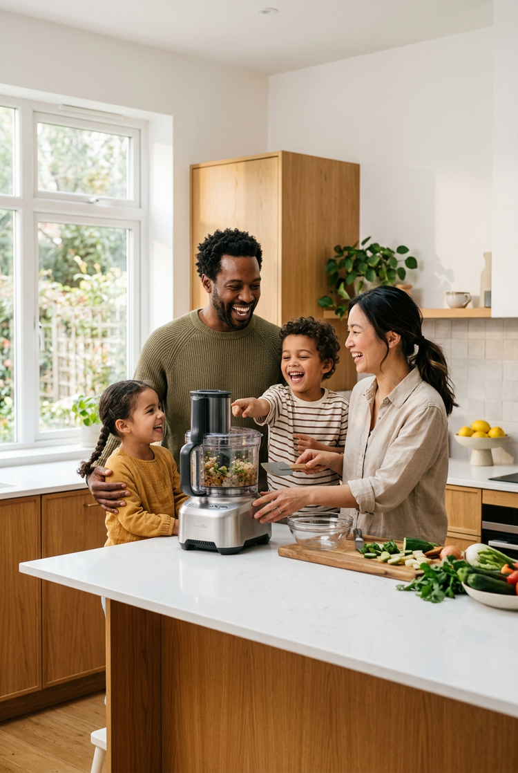 A happy family enjoying their modern kitchen